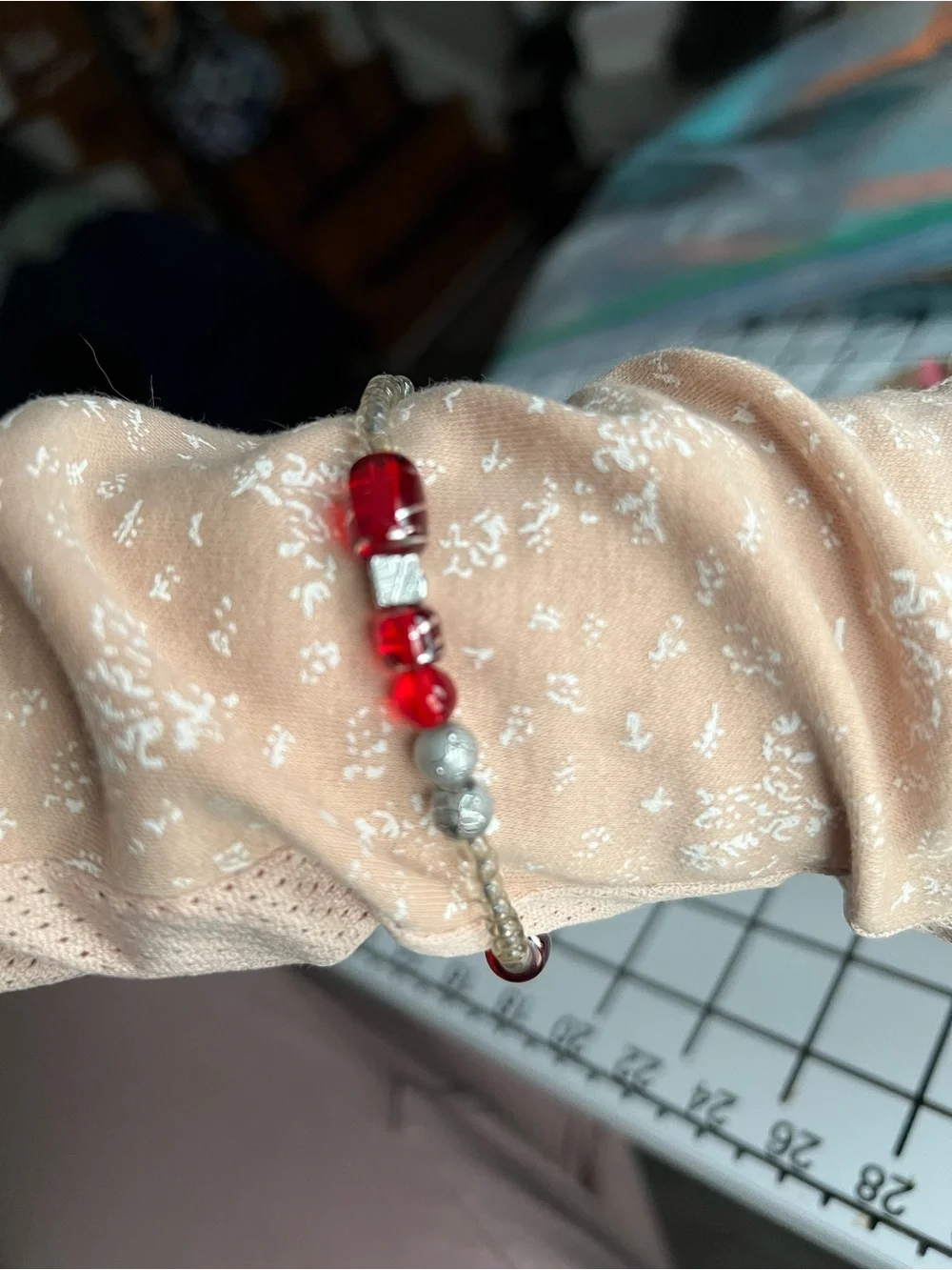 Handmade Red & Silver Glass Beaded Elastic Statement Bracelet